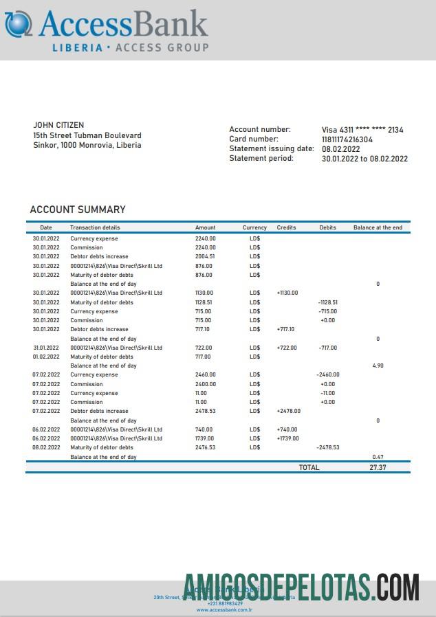 Modelo de extrato bancário de acesso da Libéria